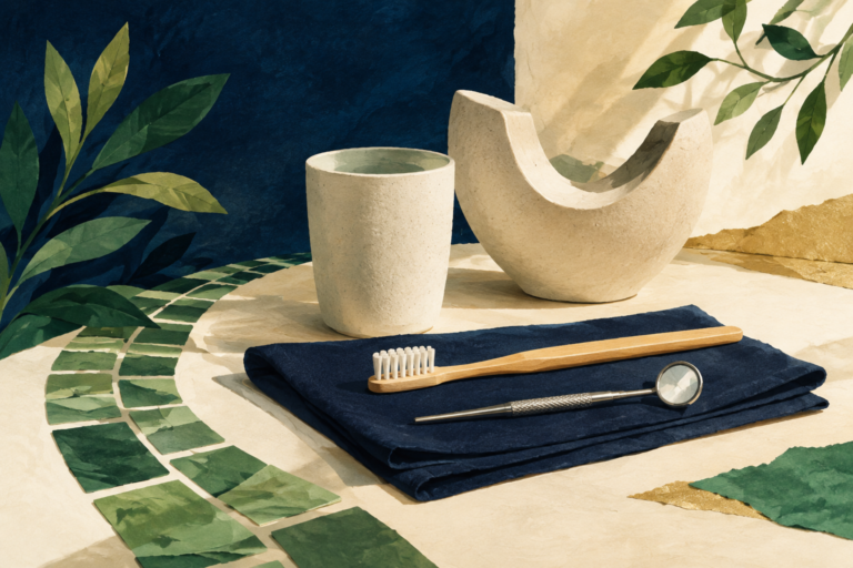 Illustration of a toothbrush and dental mirror.