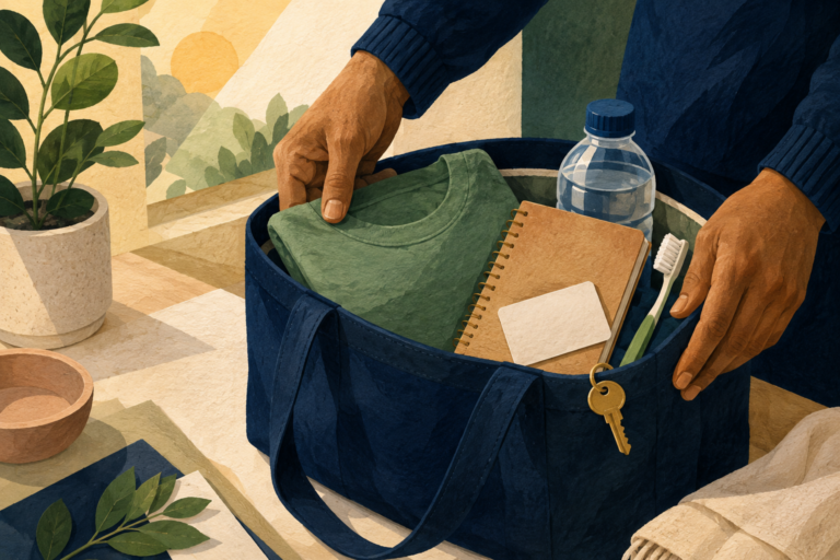 Illustration of practical essentials being packed in a bag.