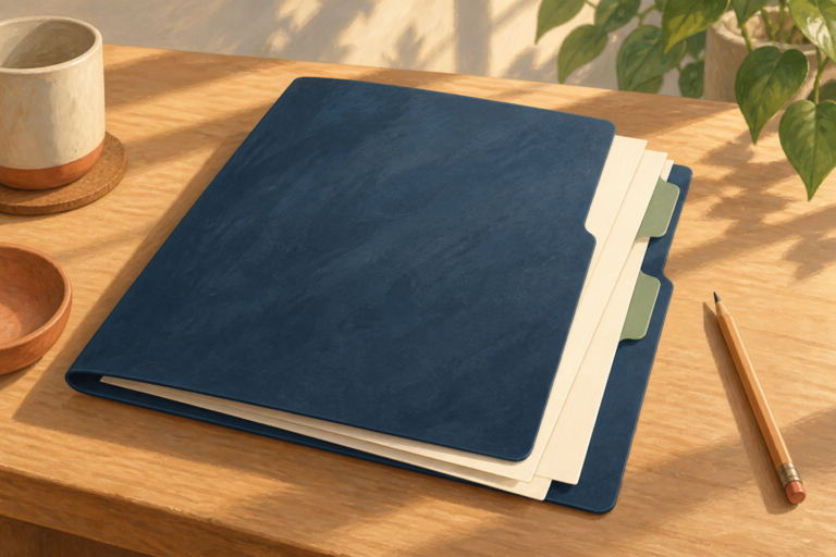 Illustration of a closed blue proposal folder and pencil on a sunlit wooden desk.