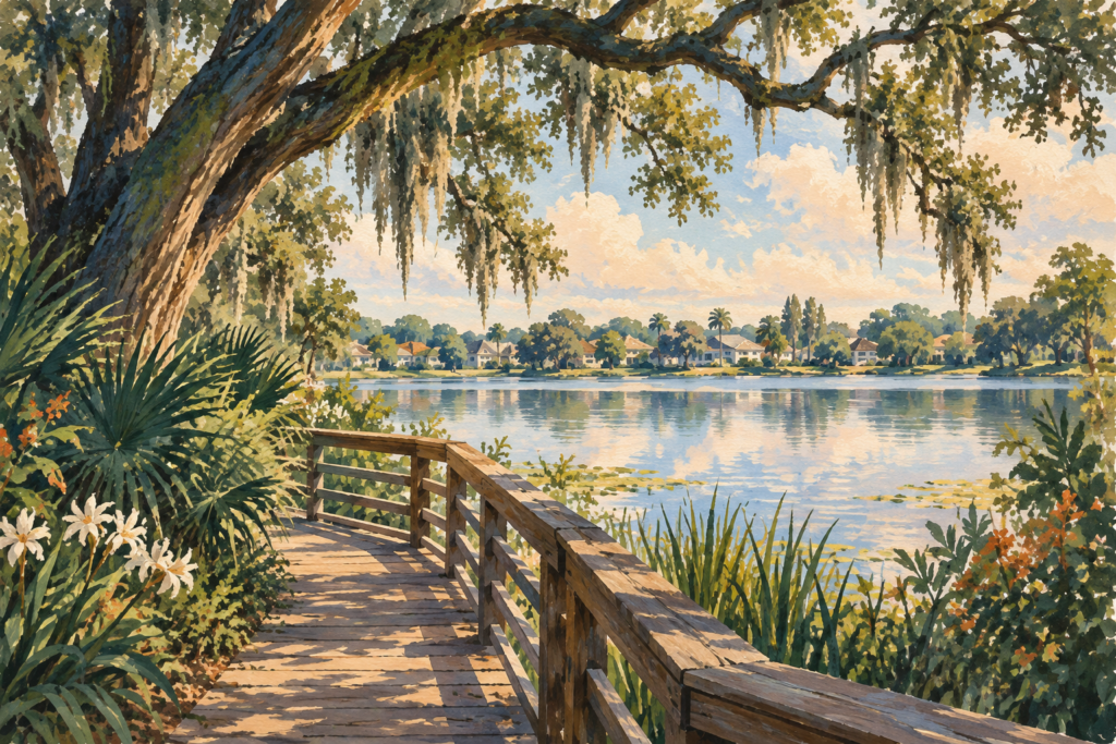 Illustration of a lakeside boardwalk beneath an oak tree, with homes across the water.