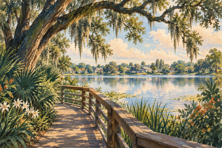 Illustration of a lakeside boardwalk beneath an oak tree, with homes across the water.