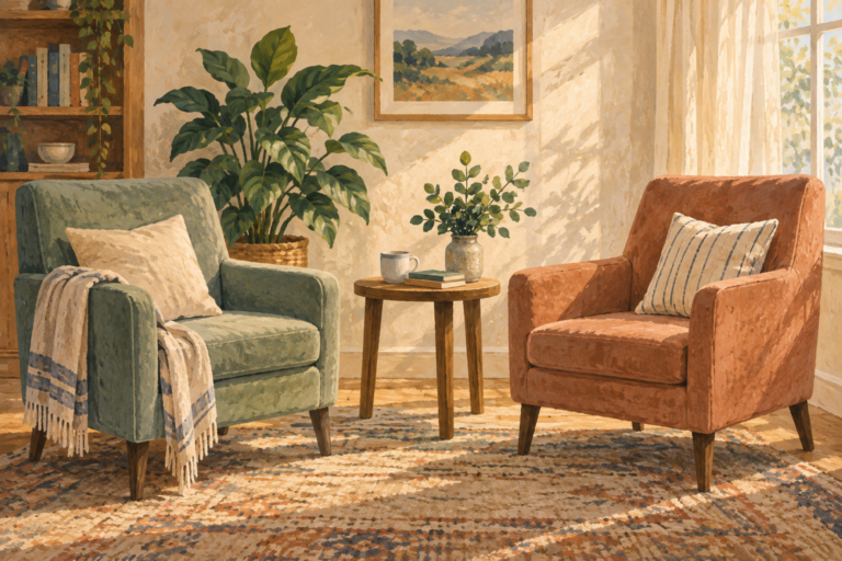 Illustration of two empty armchairs beside a small table and houseplants in a warm, sunlit room.
