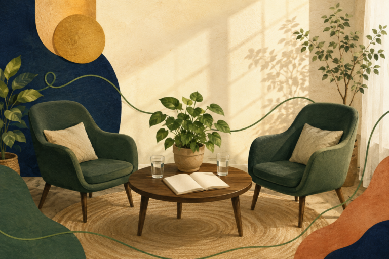 Illustration of two chairs in a welcoming conversation space.